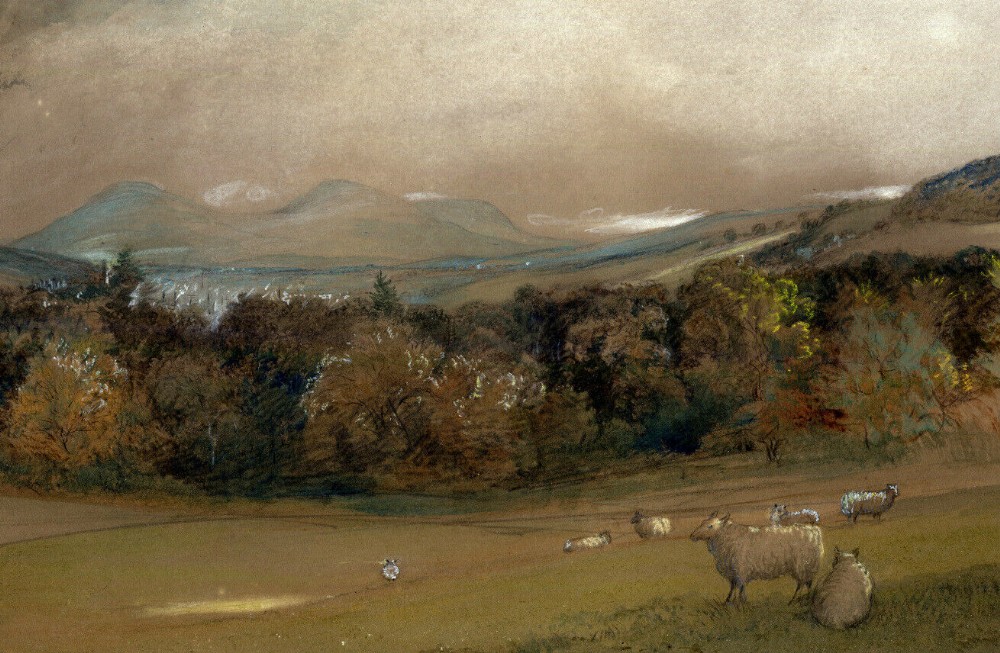 Signed 19th Century Antique Scottish School Antique Painting Eildon Hills, Galashiels, Scotland 