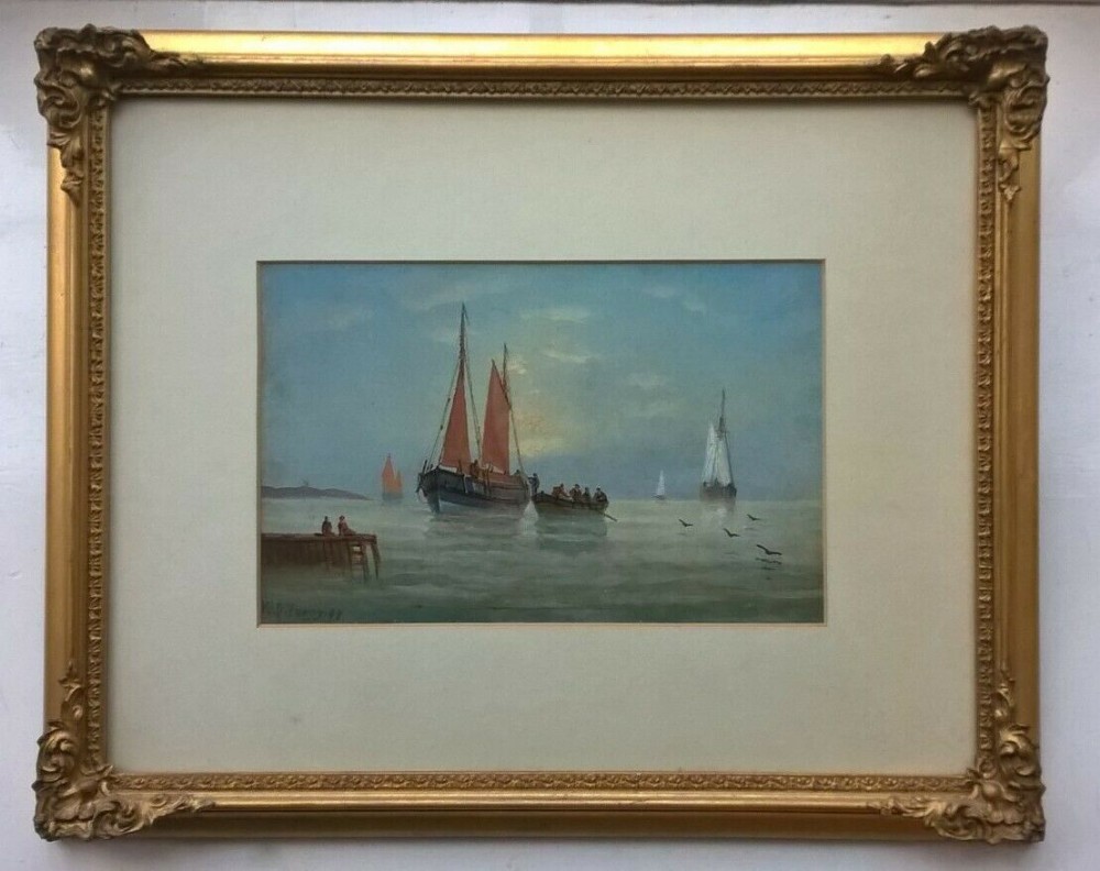 William Daniel Penny Signed Original 19th Century Antique Oil Painting Coastal Fishing Boat Seascape