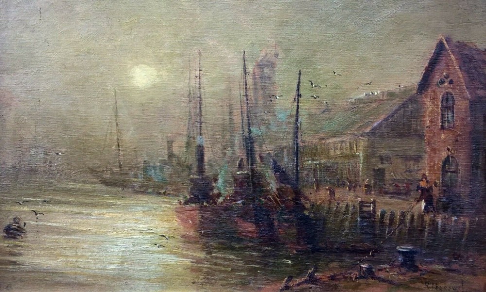 Robert Pearson Original Antique English Oil Painting on Panel The Fish Pier Scarborough Harbour Yorkshire Coast Seascape
