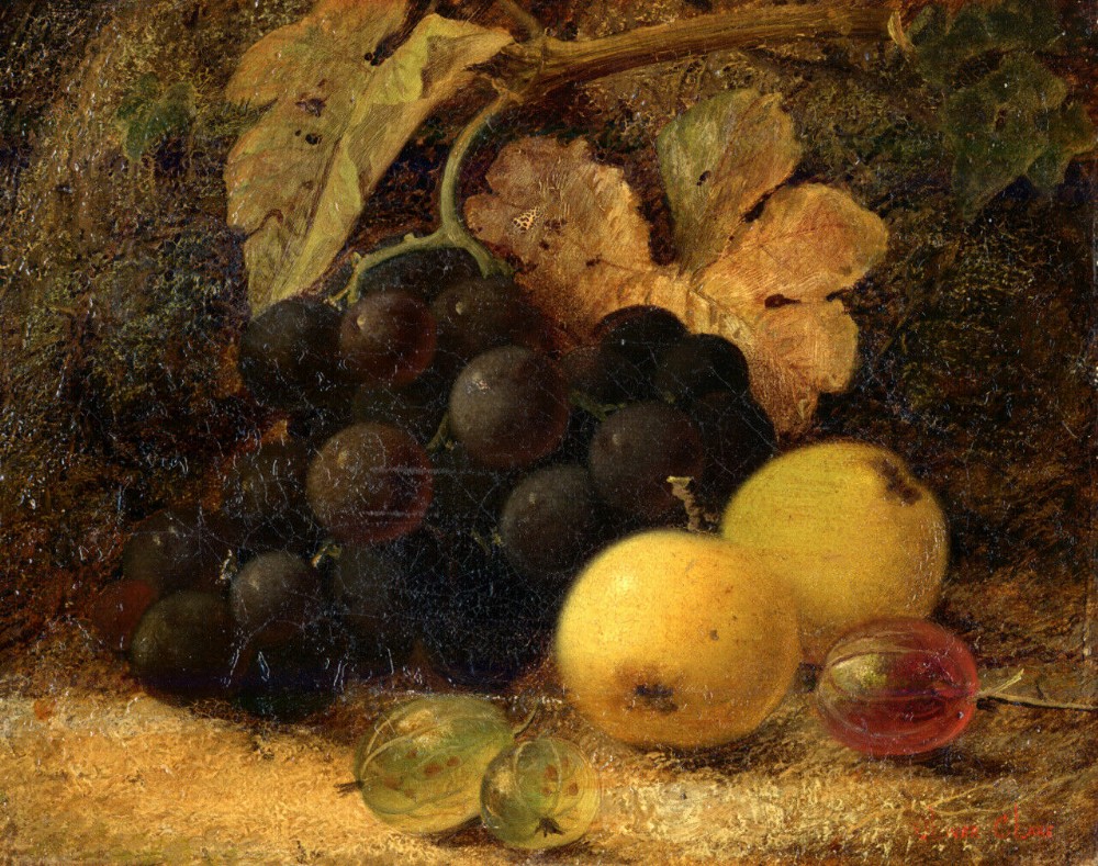 Signed Oliver Clare Original Antique Canvas Oil Painting Fruit Still Life Study of Grapes Apples & Gooseberries