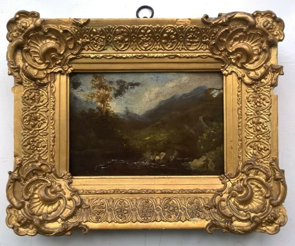 Antique Early 19th Century Original Oil Painting on Wood Panel Framed Landscape