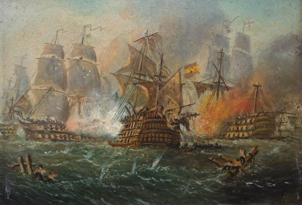 Claude T Stanfield Moore Original Signed Oil Painting Battle of Cape St Vincent
