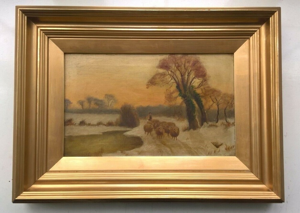 Antique English School Indistinctly Signed Oil Painting on Canvas Countryside Farming Sheep Winter Landscape 