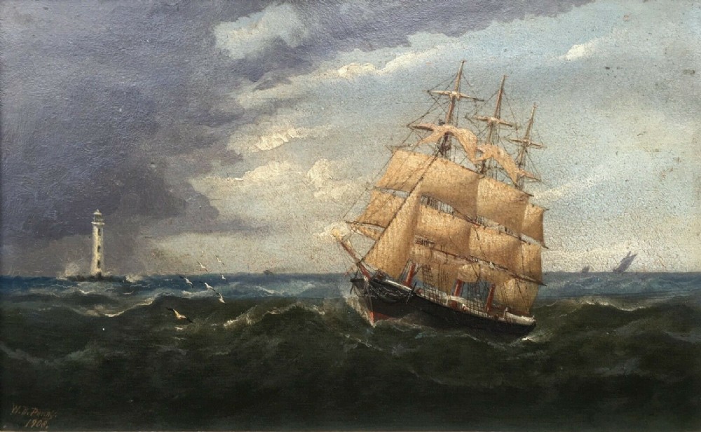 William Daniel Penny Signed 1908 Original Antique Framed Oil Painting on Board Clipper Ship & Lighthouse Stormy Seascape