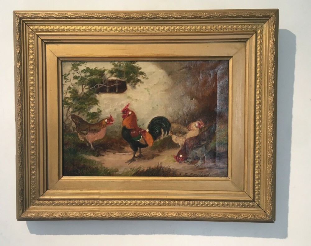 E S England Signed Original English Antique Oil Painting Farmyard Scene Cockerels & Hens in Gilt Frame