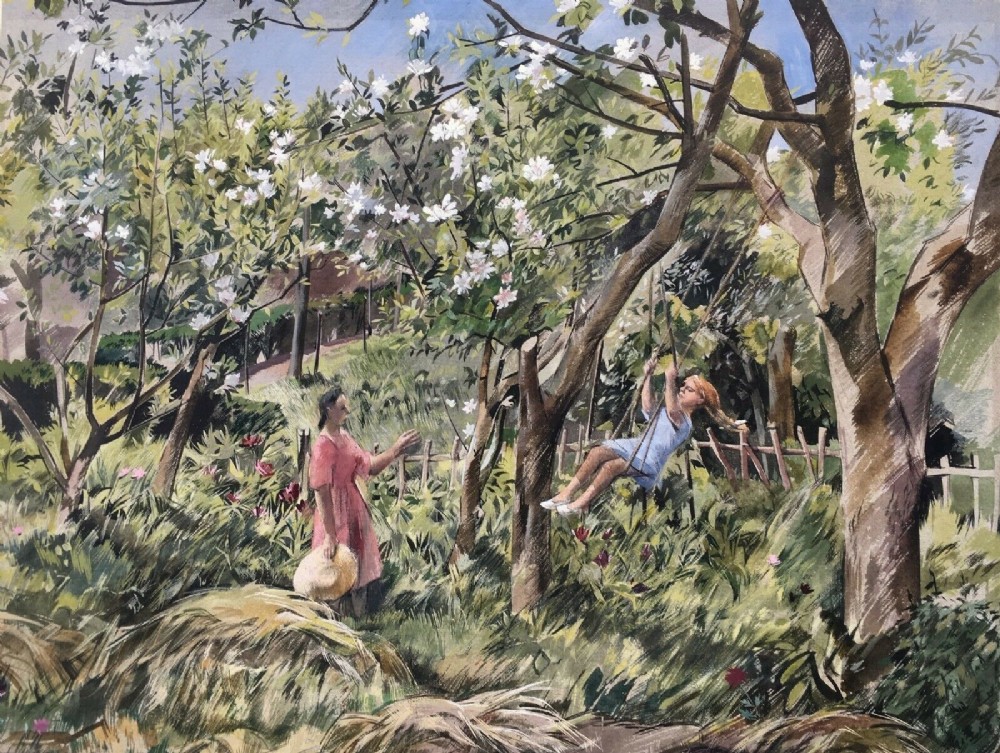 Manner of CAREL WEIGHT Original Vintage Watercolour Painting Girl Figures on a Swing Garden landscape with Blossom