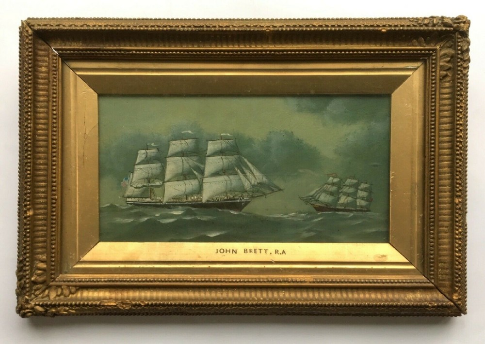 Manner of John Brett R.A. Original Antique English Oil Painting on canvas American 3 Mast Schooner Seascape