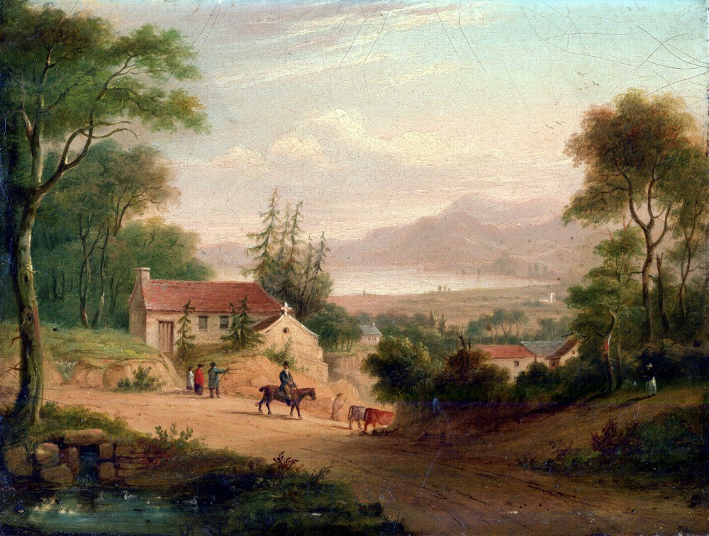 Manner of Christian Georg Schütz Original Antique Landscape Oil Painting on Wood Figure on Horseback Driving cattle
