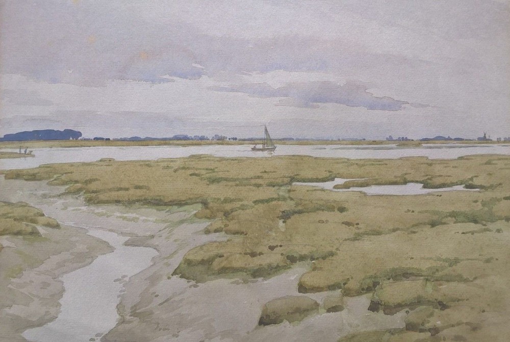Percy Lancaster Signed Original English Framed Watercolour Painting Estuary Landscape