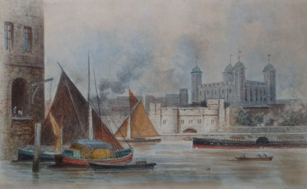 ED 1889 Signed Edwin Thomas Dolby 19th Century English Antique Watercolour Painting Tower of London River Thames