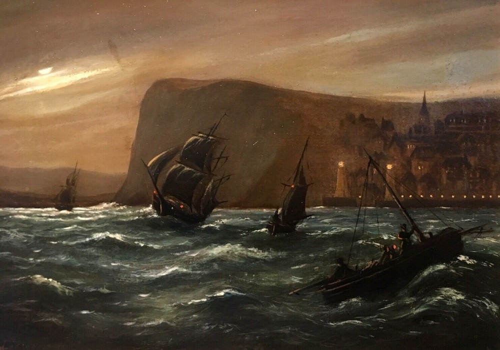 Original Signed English School Antique Oil Painting on Canvas Seascape Harbour with Lighthouses at Dusk