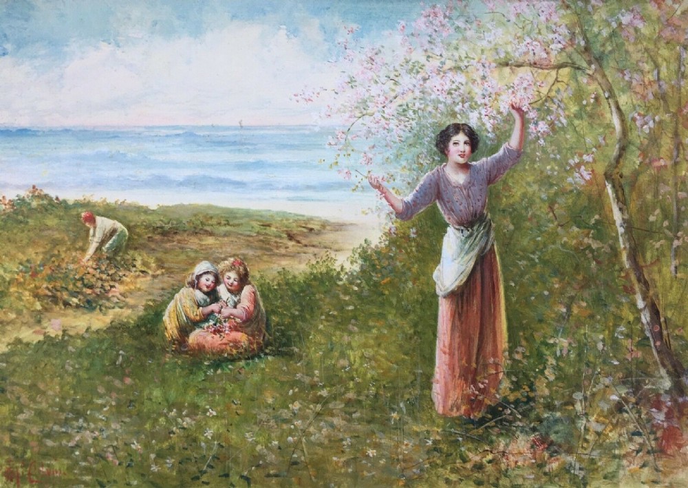James Andrew McColvin 19th Century Antique Original English Watercolour Painting Picking Blossom Coastal Seascape