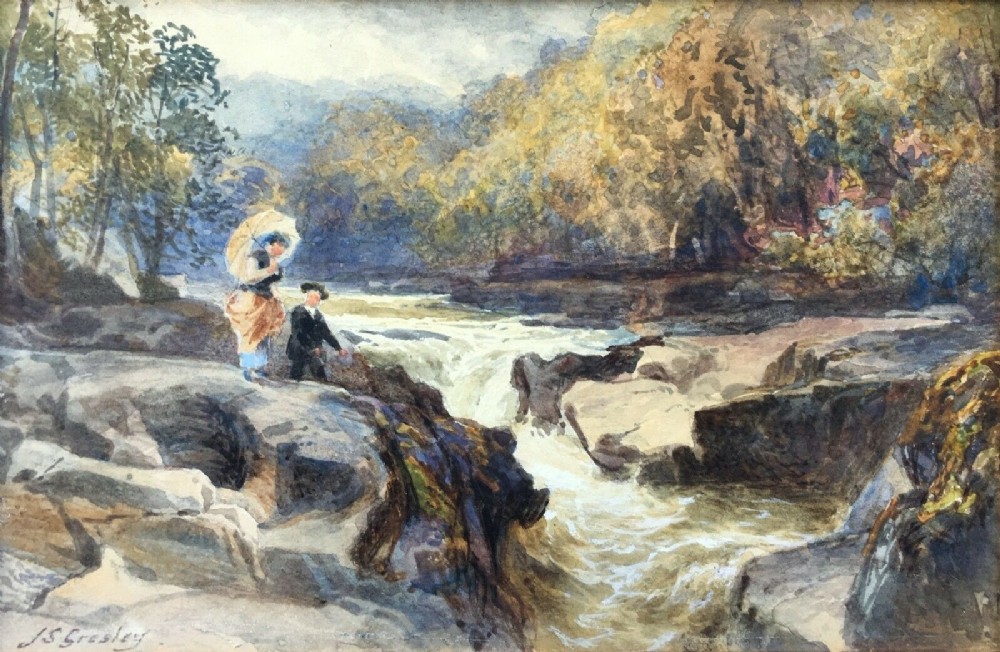 J S (JAMES STEPHEN) GRESLEY Signed Original 19th Century English Watercolour Painting The Strid Bolton Abbey Yorkshire Dales