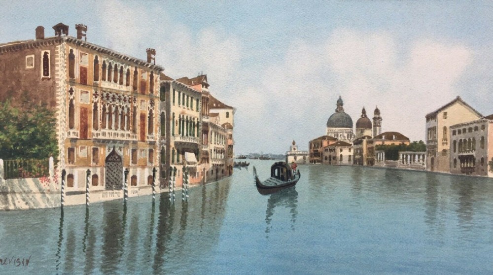 Alberto Trevisan Signed Original Vintage Watercolour Painting Venice Canal with Gondola Italian Seascape