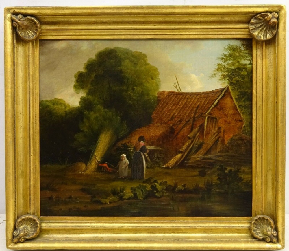 Original Antique English School Canvas Oil Painting Mother & Child Drying Reeds for Thatch in Wooden Gilt Frame with Shell Mouldings