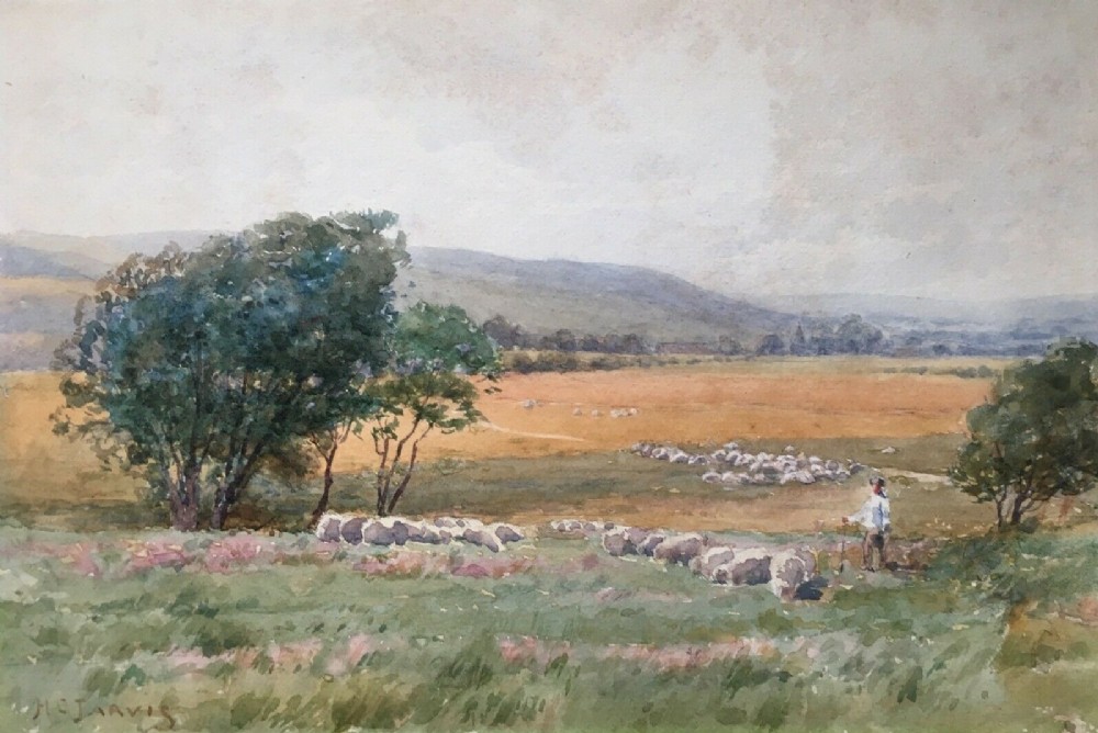 HENRY CHARLES JARVIS Signed Original Antique English Framed Watercolour Painting Sheep in Sussex Pastures near Lewes