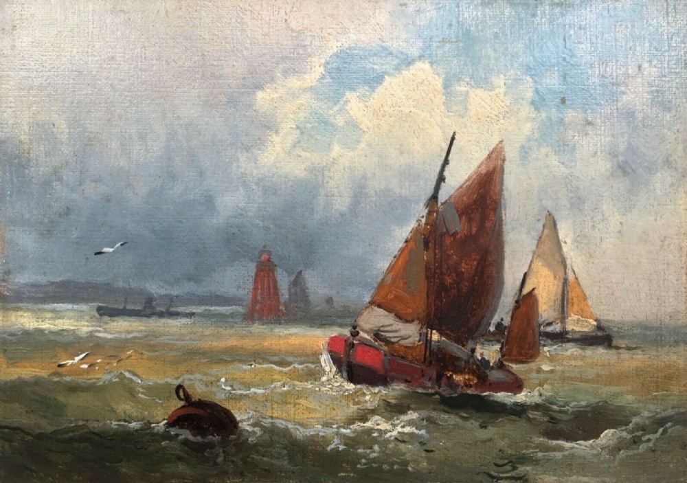 Attributed to Robert Ernest Roe Original Oil Painting on Board Yorkshire Coast Fishing Boat Seascape 2