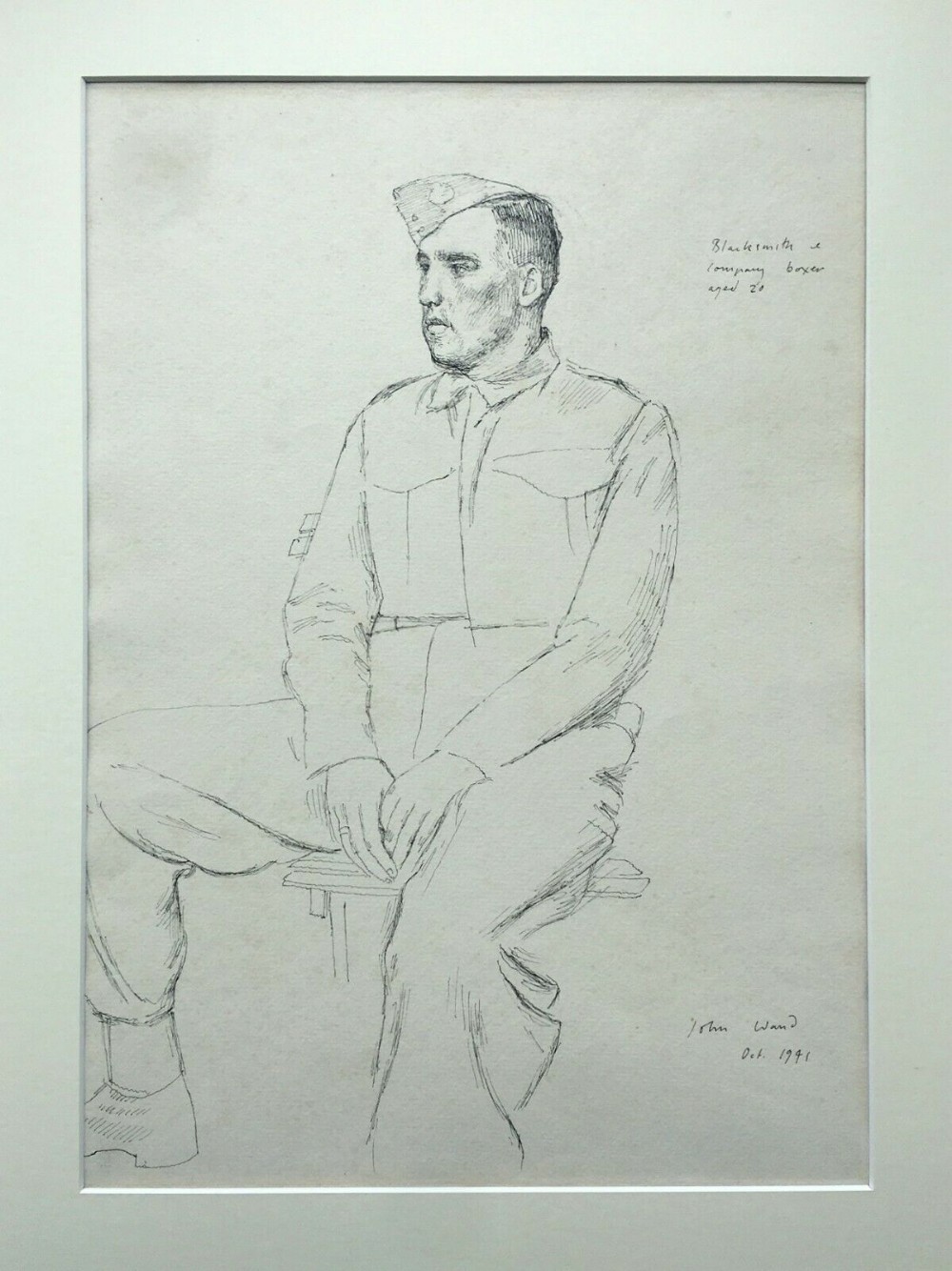 JOHN STANTON WARD RA Original Signed Ink Sketch Drawing WW2 World War 2 1941 Seated Army Soldier Blacksmith & Company Boxer