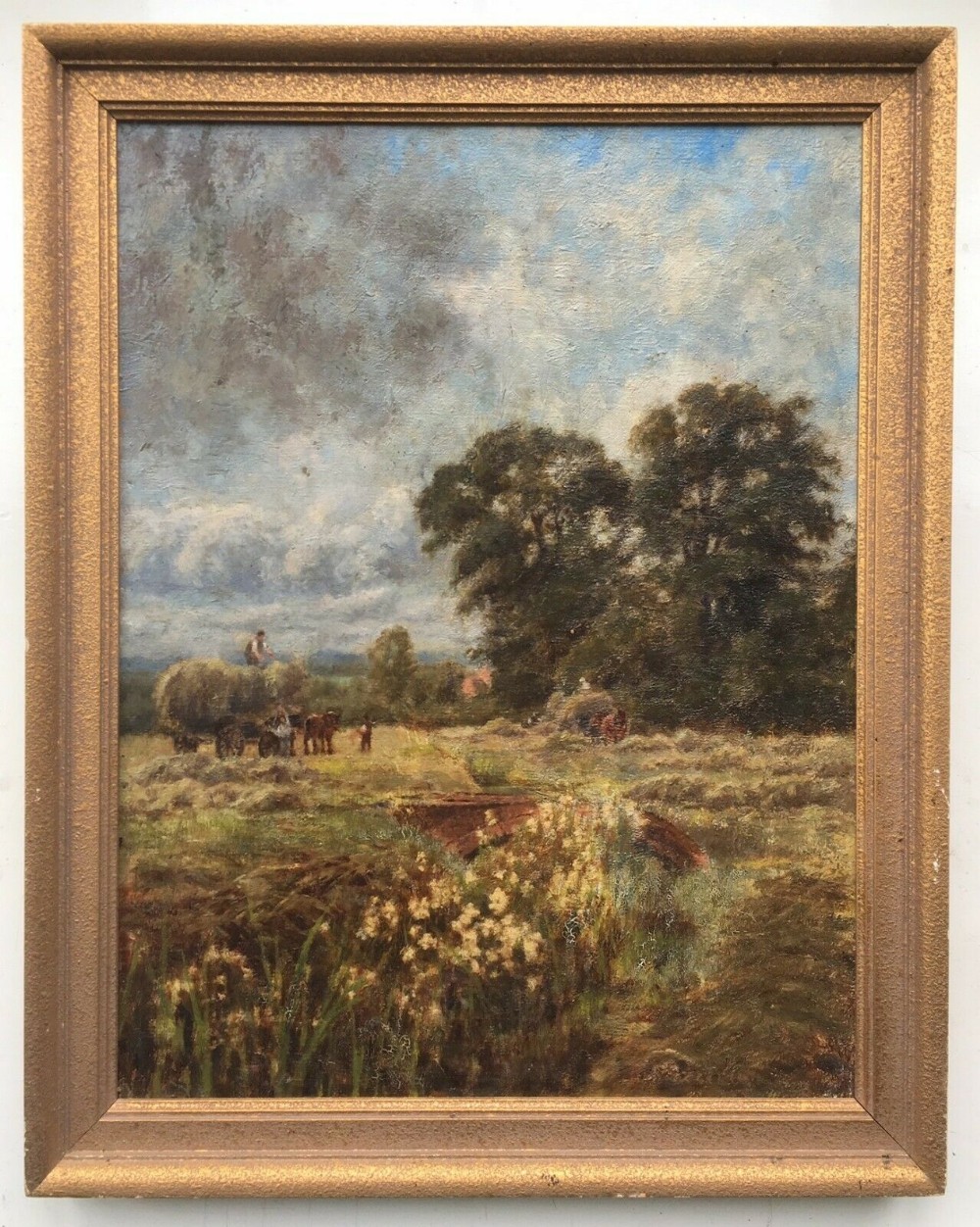 Original 19th Century Antique Oil Painting on Canvas English Haymaking Harvest Rural Landscape
