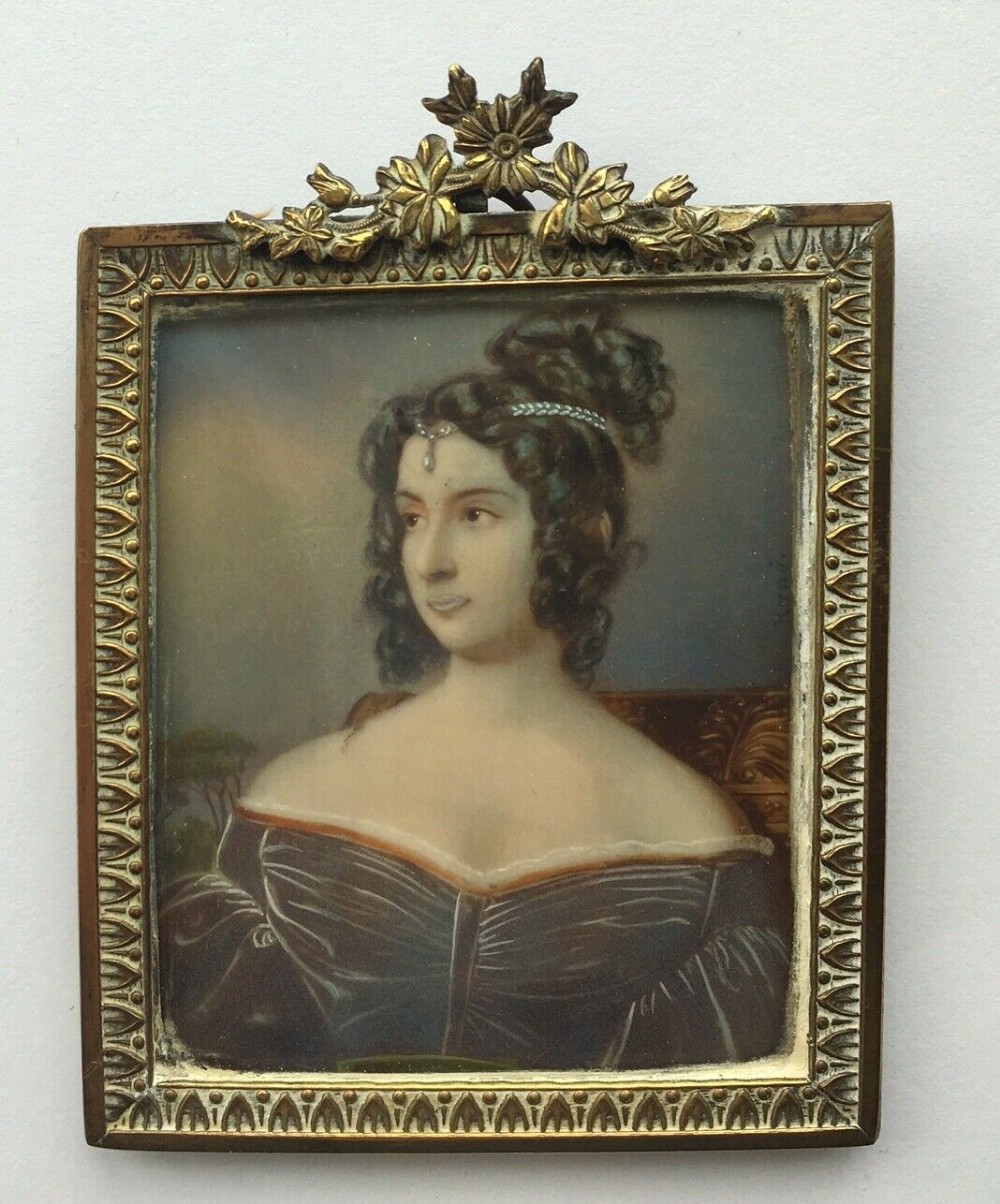 19th Century Antique Decorative Framed Miniature Gouache Watercolour Painting Victorian Lady Portrait