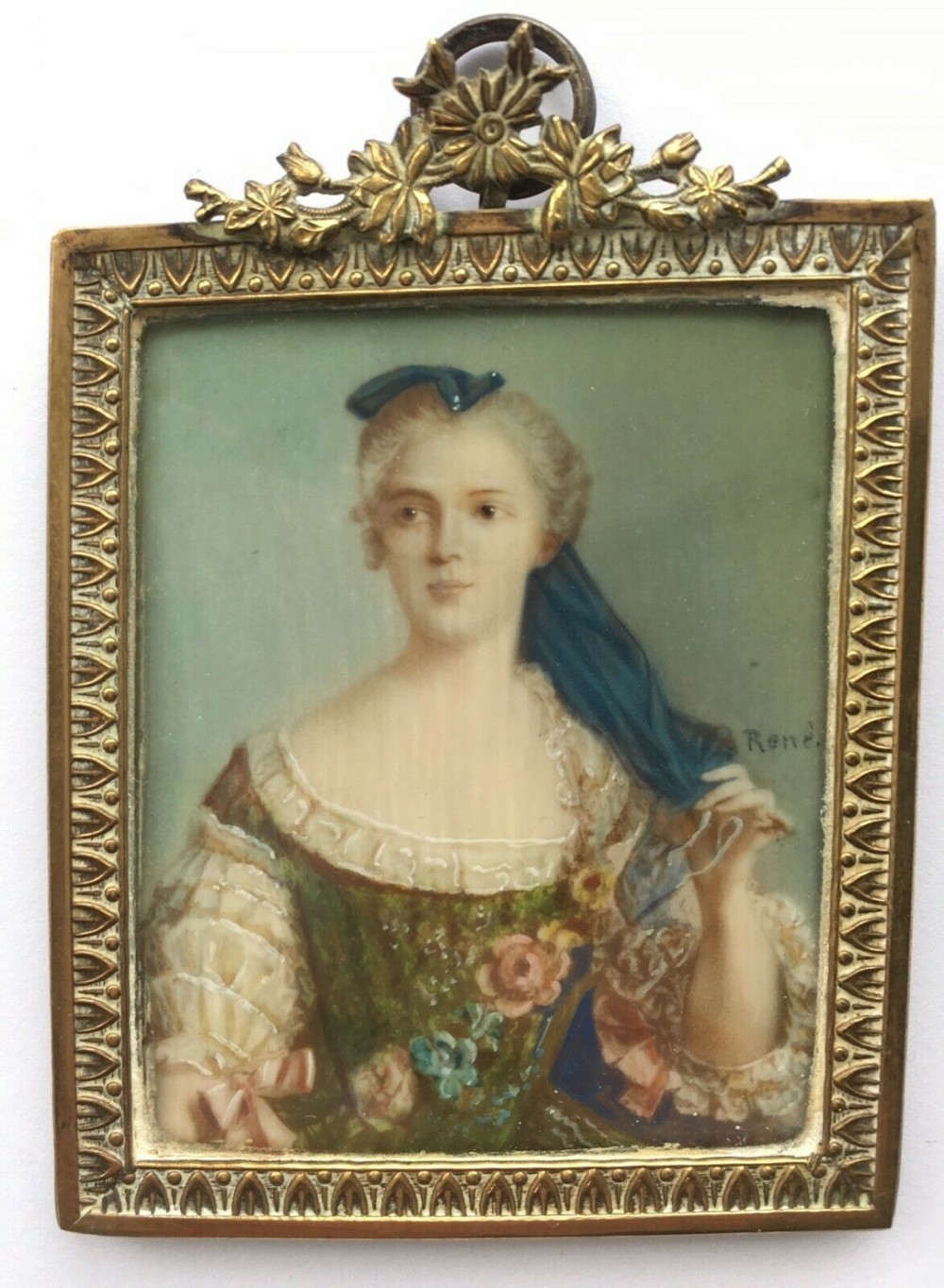 Original 19th Century Signed Antique Miniature Watercolour Gouache Portrait Painting of a Georgian Lady