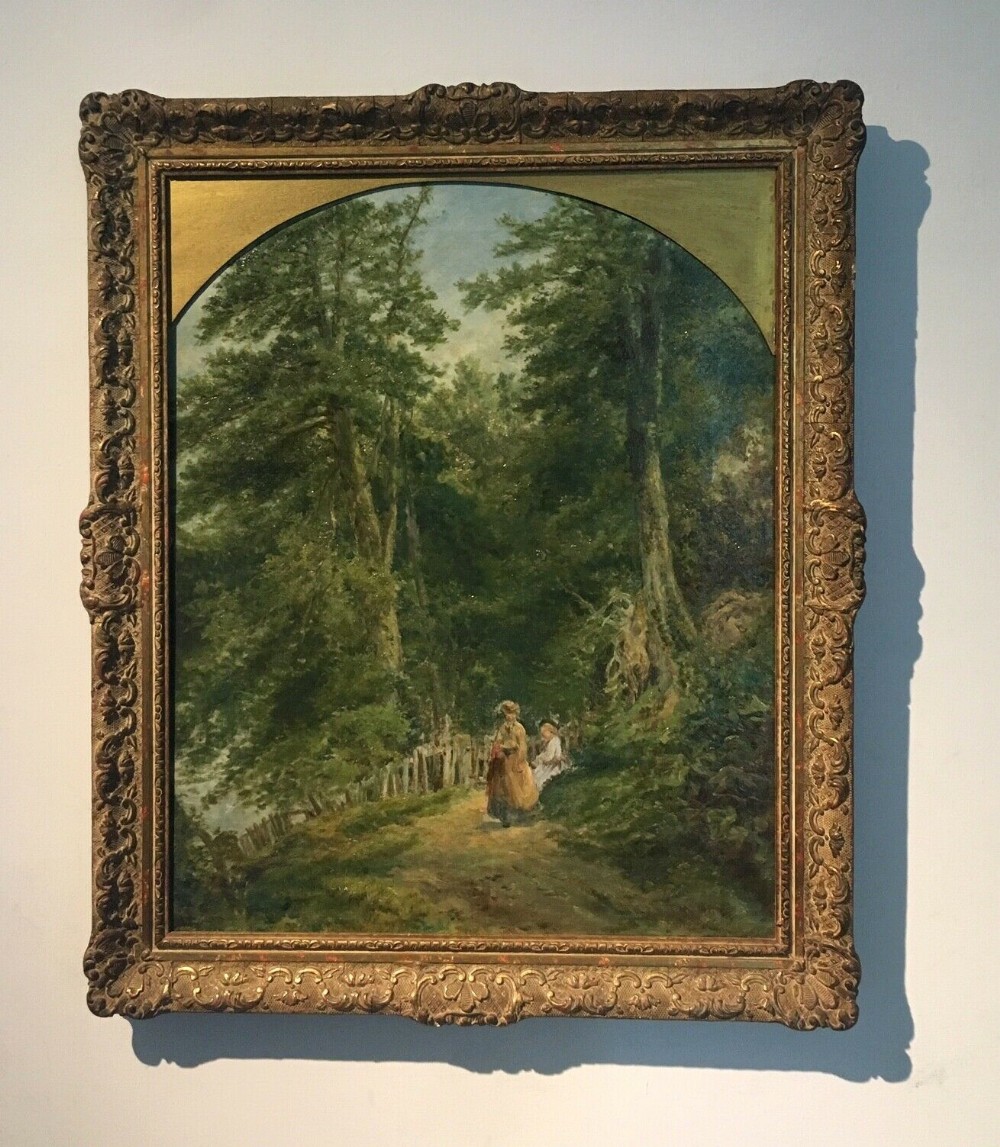 Monogrammed 1875 Original Antique Oil Painting on canvas Ladies walking in Colwick Wood Nottingham English Landscape