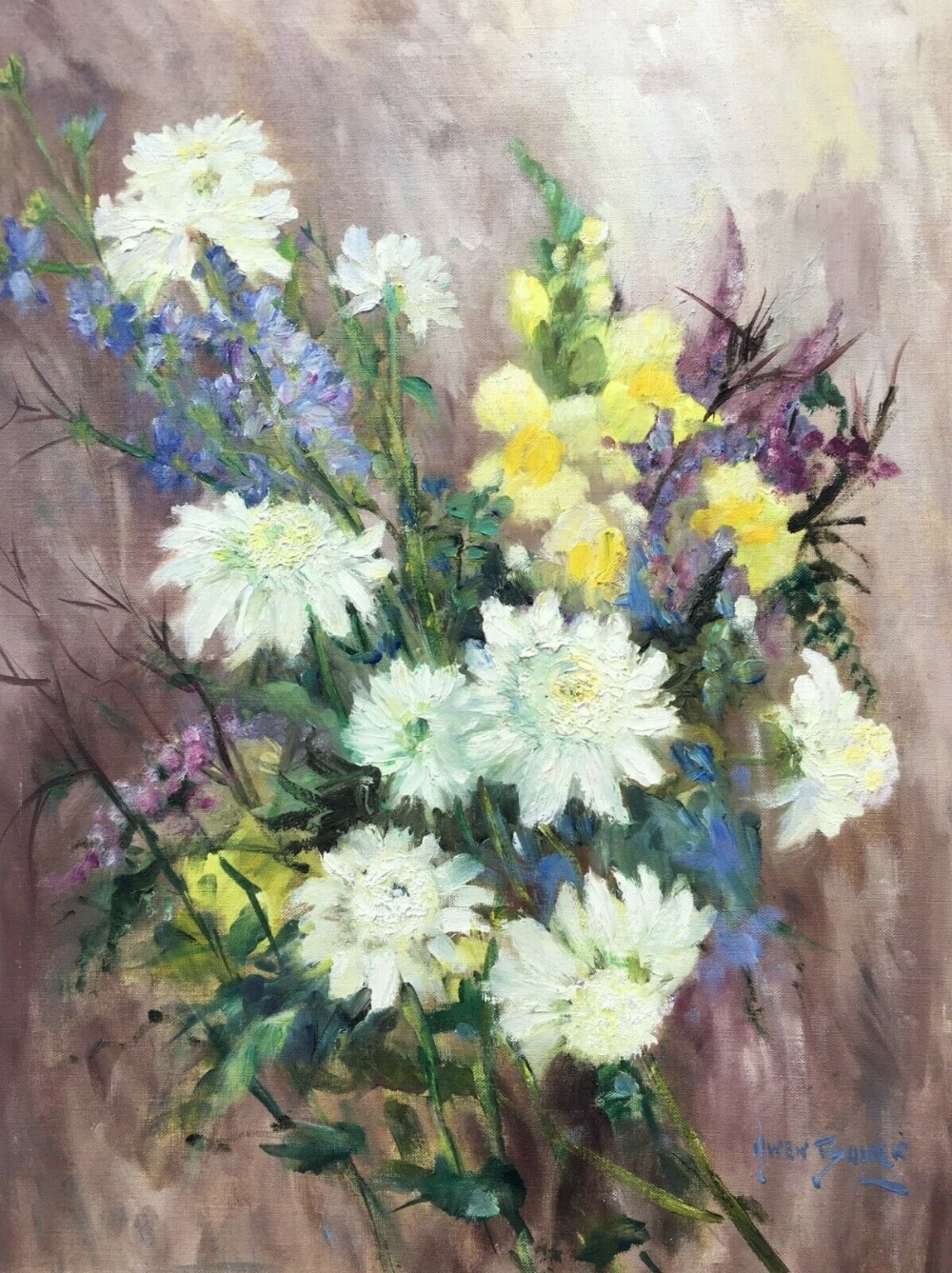 Owen Bowen (1873-1967) Signed Original English Vintage Oil Painting on Board Still Life Flowers in Glazed Frame