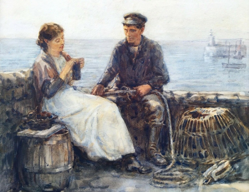 Malcolm Gavin Scottish Artist Original Signed Watercolour Painting Fisherman & Lady Titled Verso 