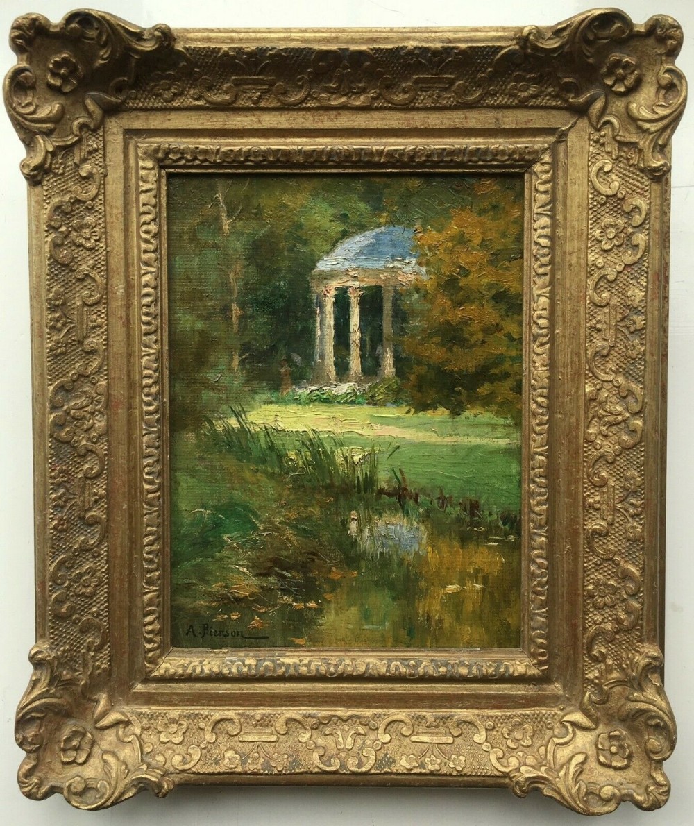 Alden Pierson (1874-1921) American, Signed Original Oil Painting on Board Figure & Ornamental Folly in Decorative Frame