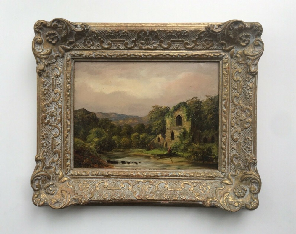 Original Antique Oil Painting on Board Figure in Boat before a Ruined Castle Landscape in Decorative Frame