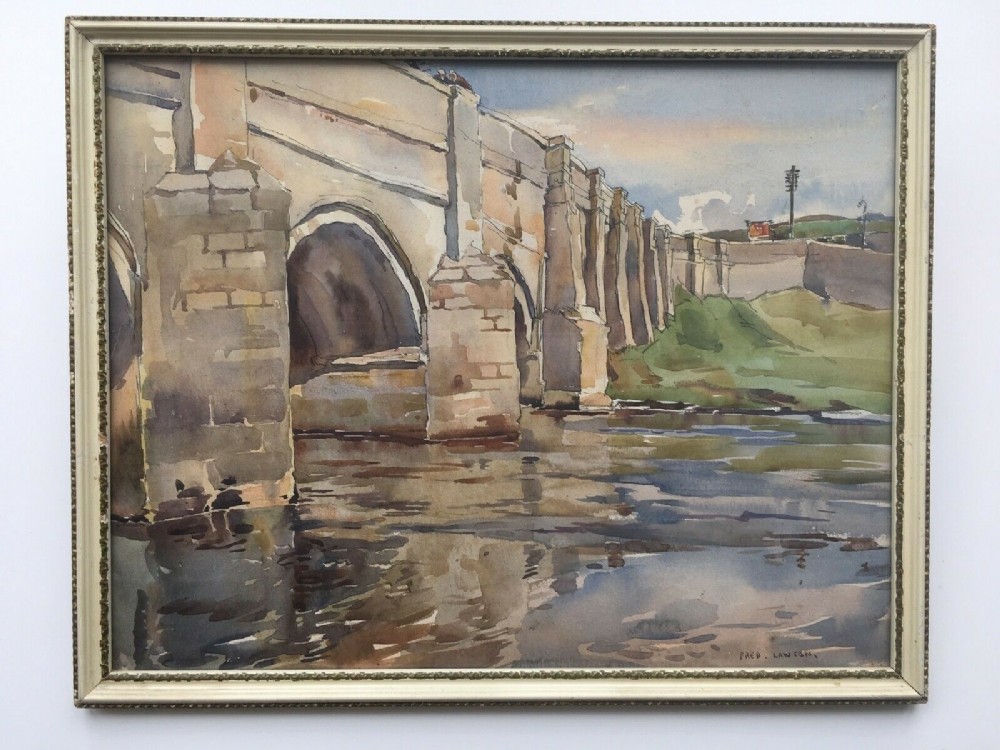Fred Lawson Signed Original English Watercolour Painting Grassington Bridge Yorkshire Dales in Vintage Glazed Frame