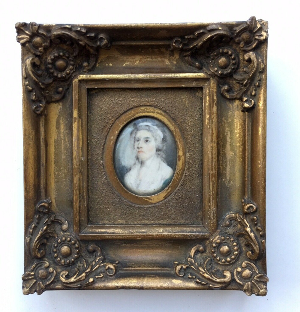 Late 18th Century Framed Antique Miniature Painting Portrait of a Georgian Lady
