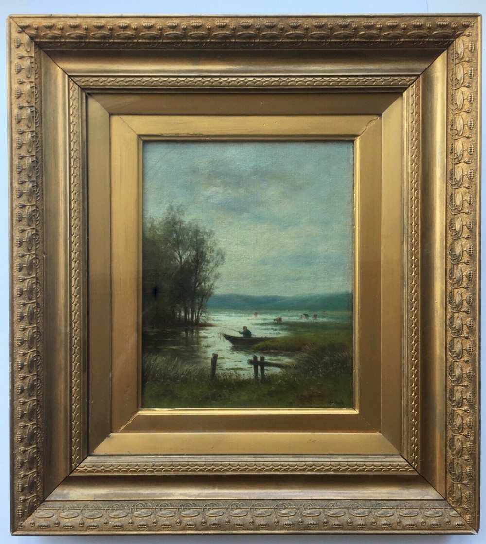 WILLIAM F HULK Original Antique Oil Painting Fisherman Boat & Cattle Landscape