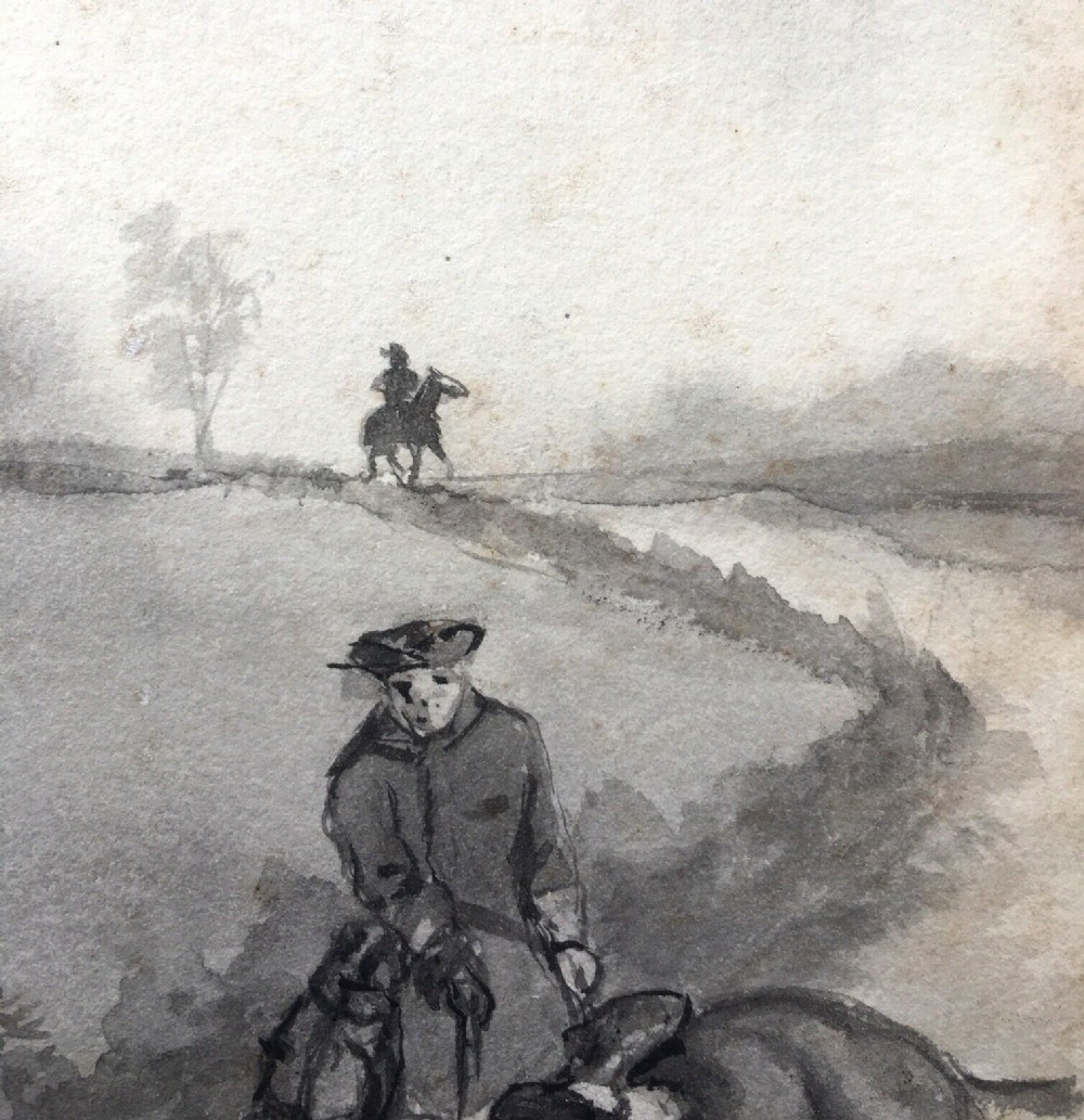 DICK TURPIN & BLACK BESS 19th Century Original English Antique Initialled Grisaille Watercolour Painting York Historic Interest 