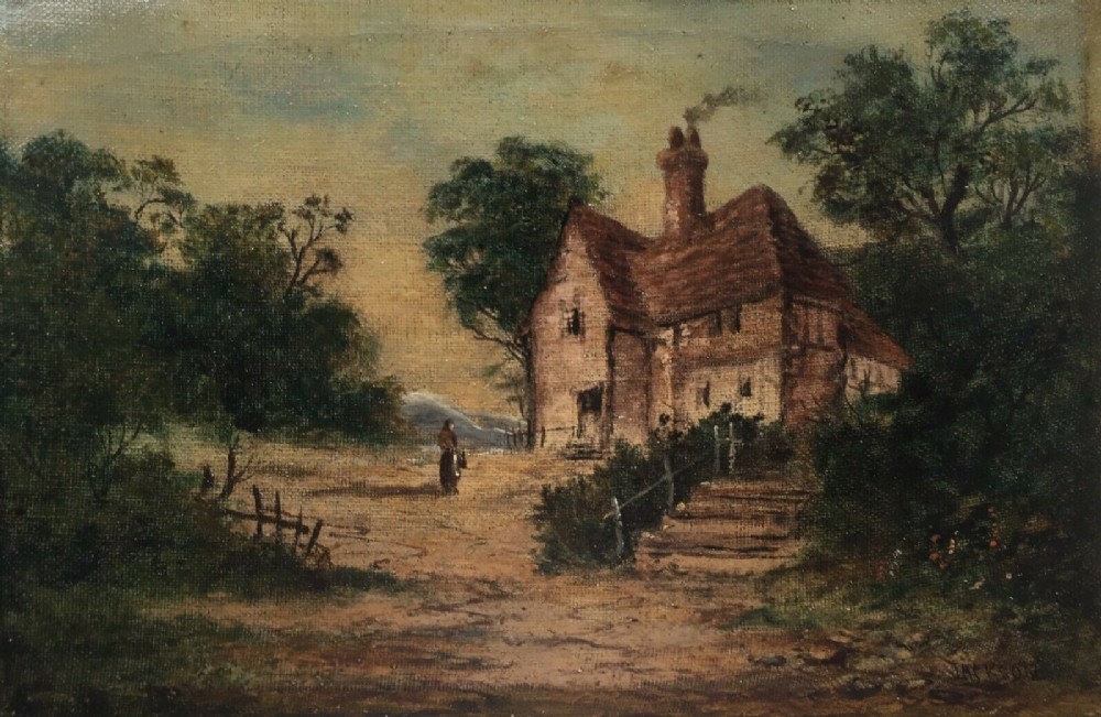 F W JACKSON Signed & Dated 1880  Original English  Antique Oil Painting Cottage Landscape