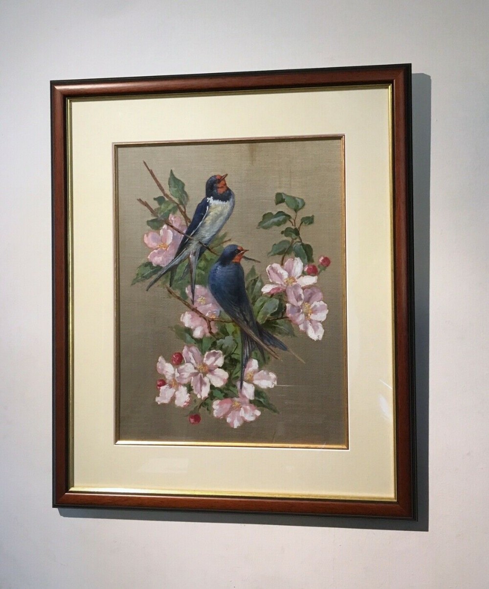 Birds & Flowers Original early 20th Century Oil Painting on Silk, Two Swifts and Cherry Blossom