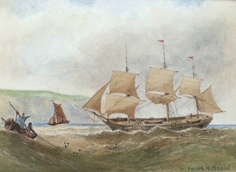 After FRANK H MASON Original Antique Watercolour Painting Off Falmouth Seascape