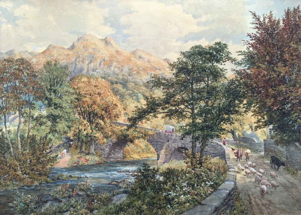 WARD HEYS Signed 1875 Large Original Antique Watercolour Painting Cattle & Bridge in Cumbrian Landscape