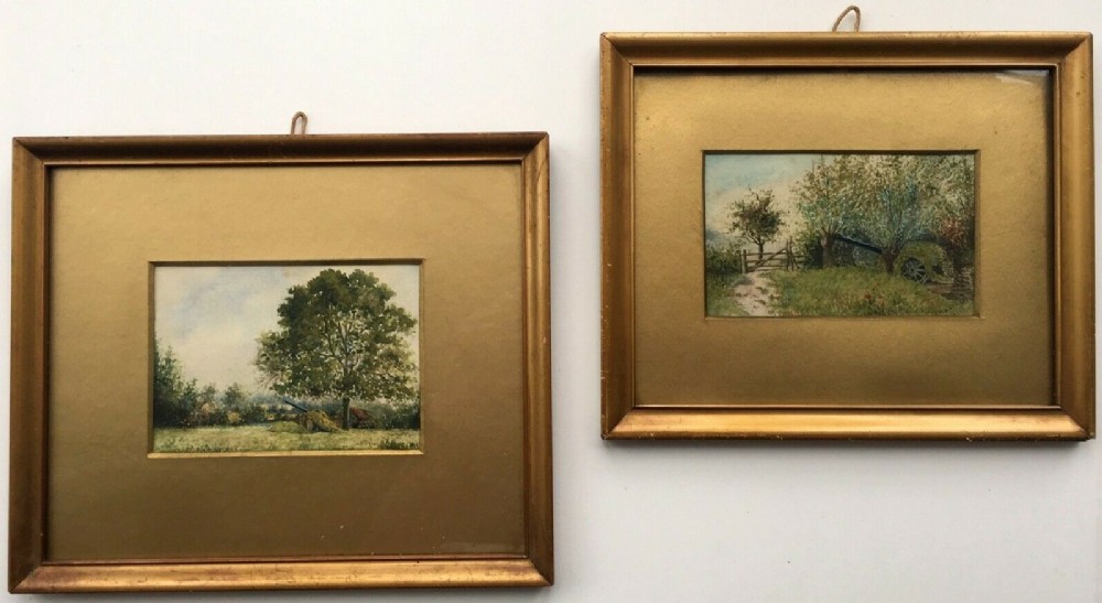 Signed & Dated 1916 Two Original Watercolour Paintings WW1 Camouflaged Army Field Guns in Landscape Setting Historical Interest
