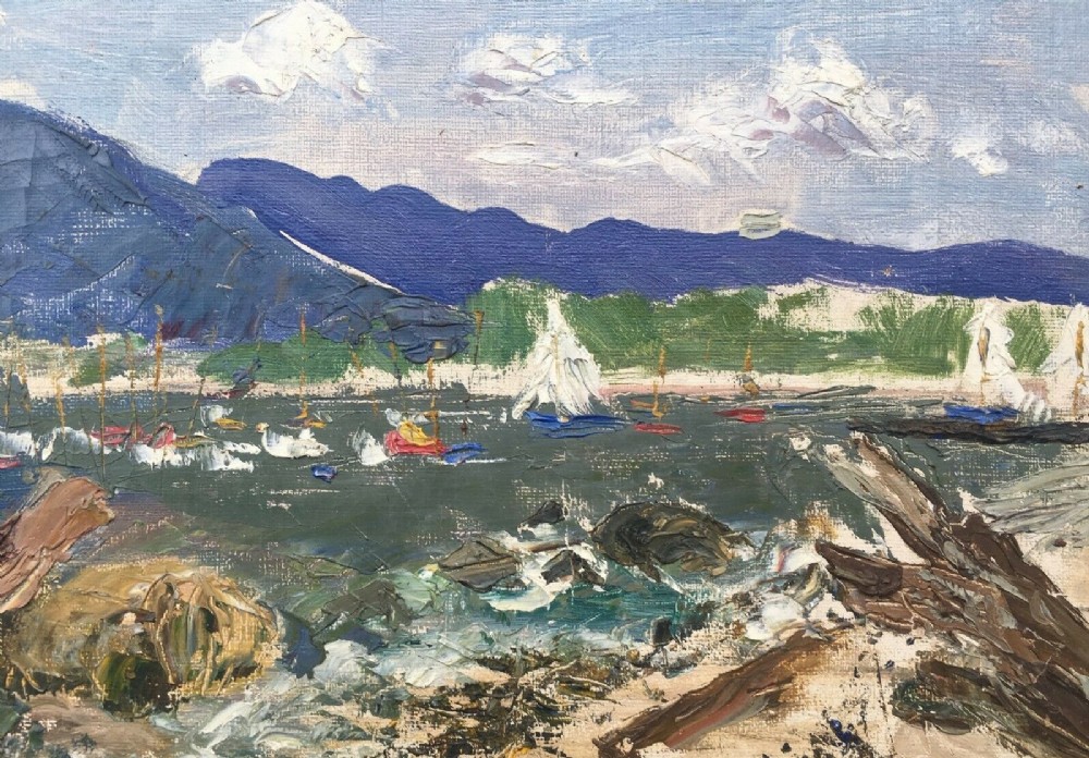 ALICE FANNER (Bears a Signature) Antique Oil Painting Sailing Boats in a Bay Presented in Glazed Frame