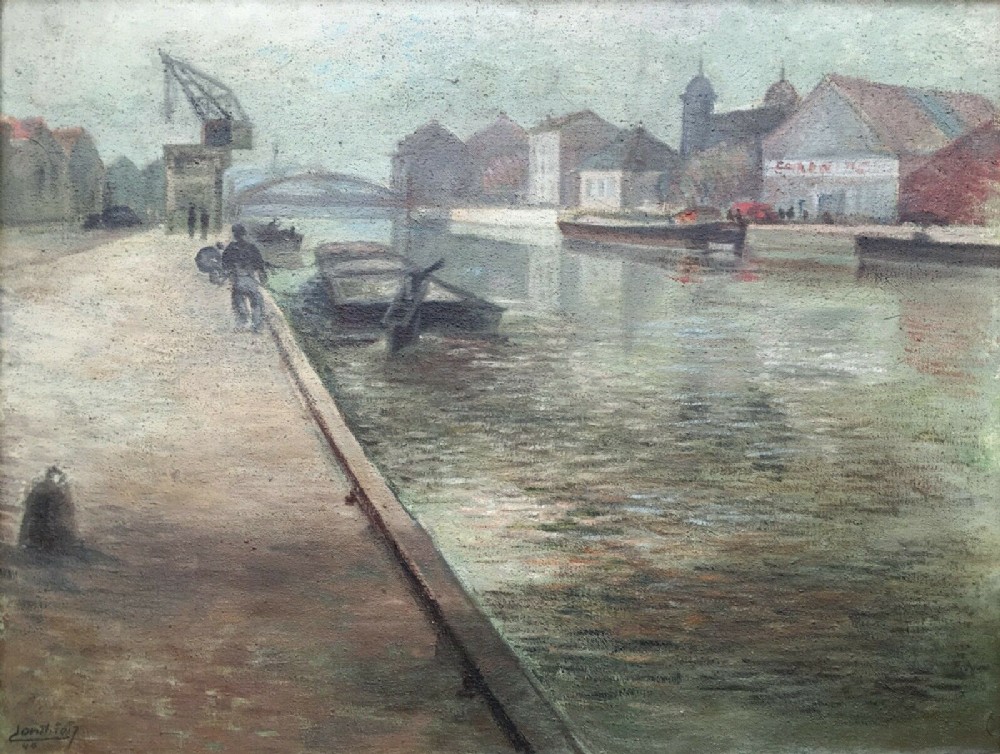 French School Canal River Dock Oil Canvas Painting Indistinctly Signed Dated 46