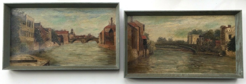 2 x Original 19th Century Antique Oil Paintings on Canvas York Bridge River Ouse Landscape