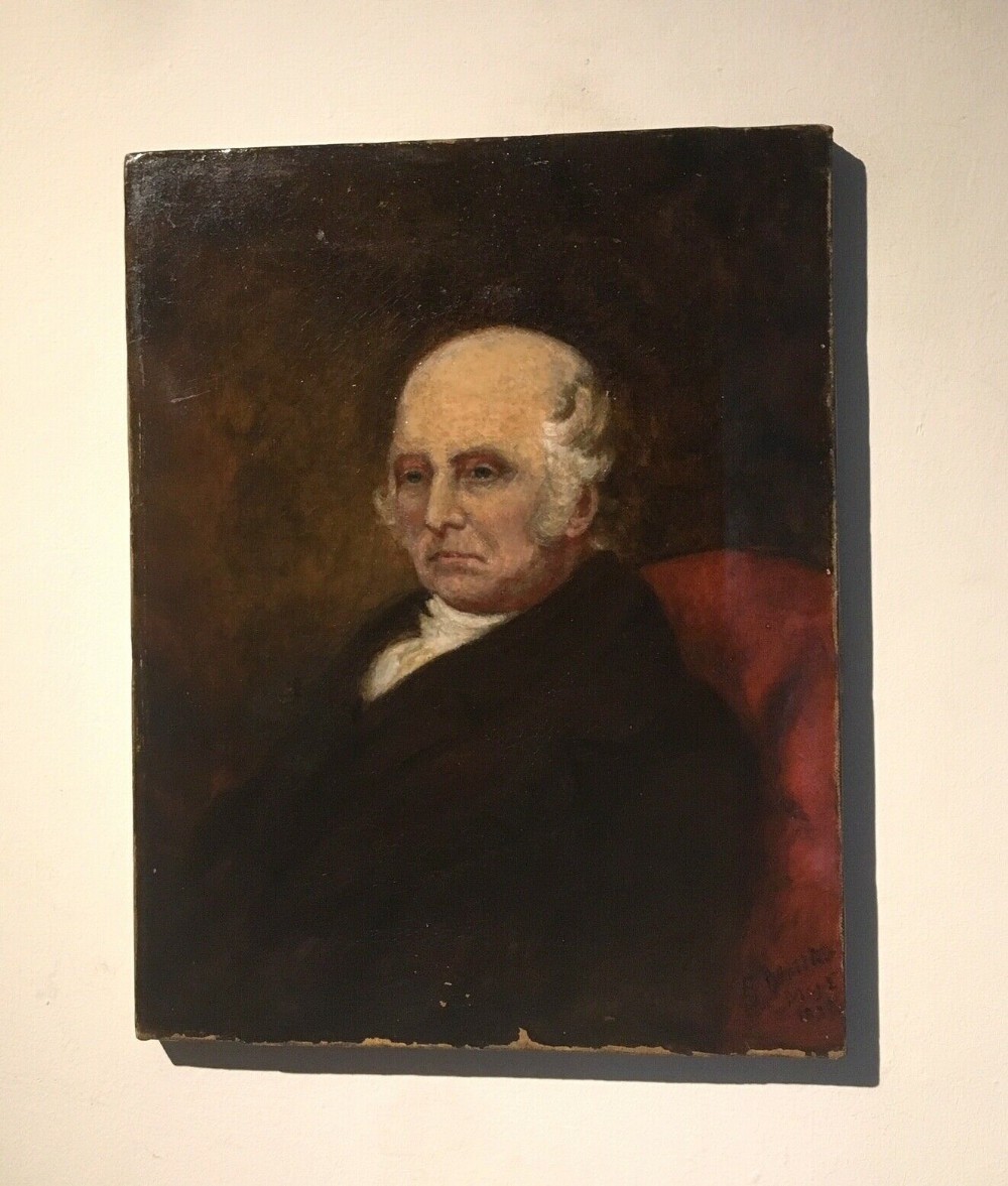 Original Indistinctly Signed 1875 English Antique Oil Painting on Canvas Portrait of a Victorian Seated Gentleman