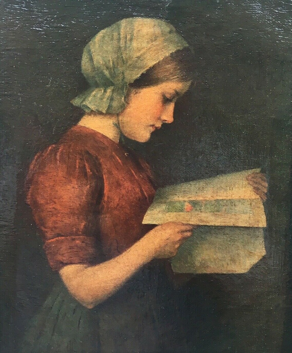 English School Original 19th Century Antique Oil Painting on Canvas Portrait of a Girl Reading a Book