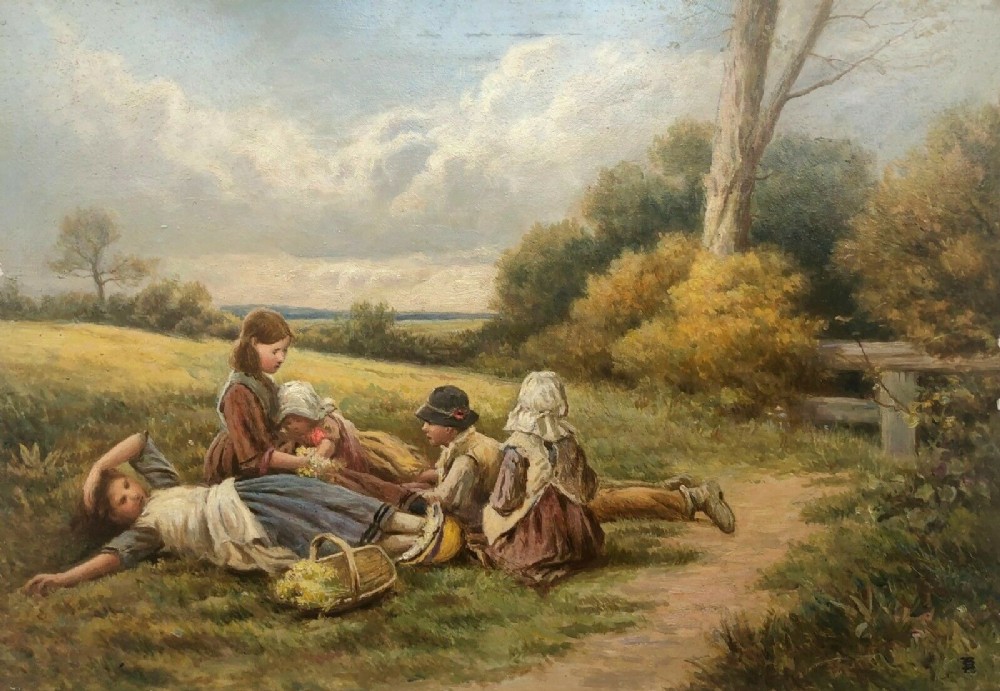Manner of BIRKET FOSTER bears Monogram Original English Antique Oil Painting on Board 'Cowslip Gatherers'