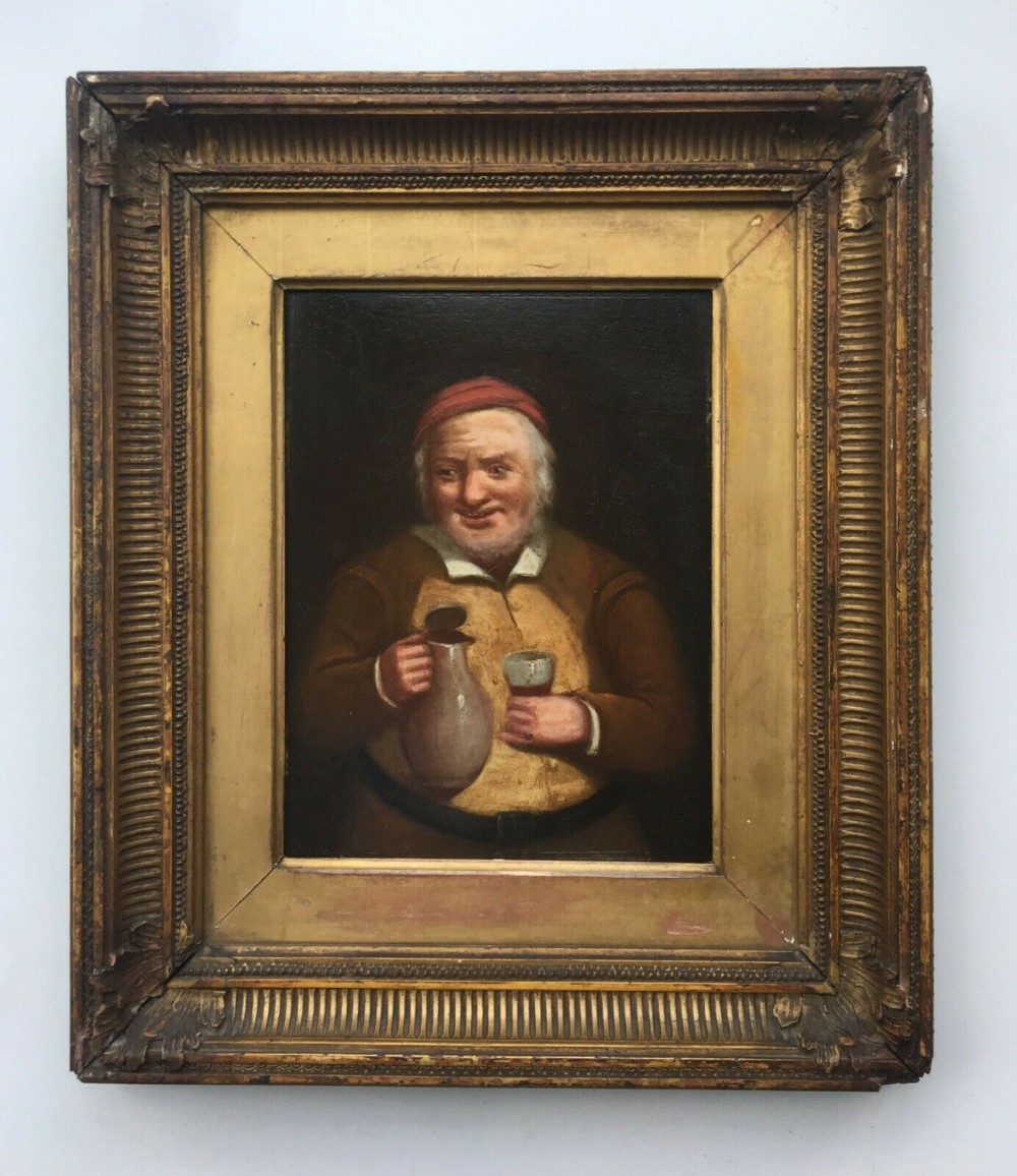 Continental Style Original Antique Oil Painting Portrait of Man with Wine Jug