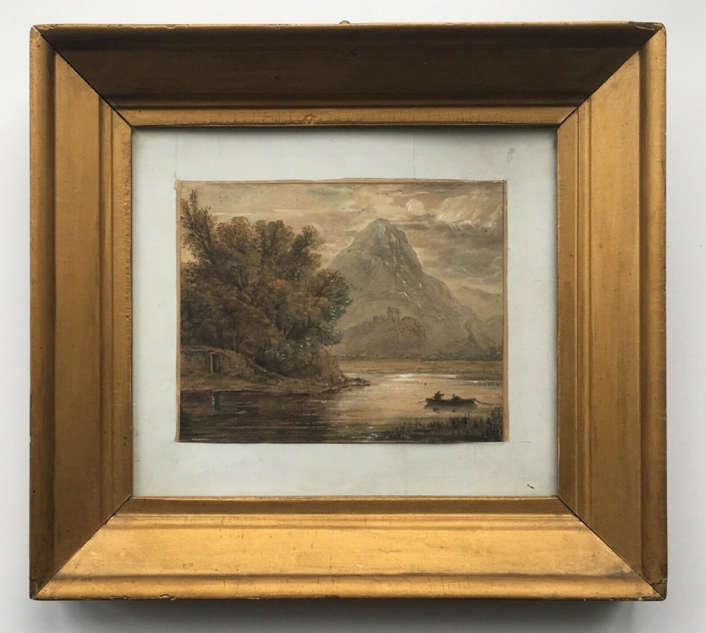Original 19th Century Antique Watercolour Painting River Landscape with Castle & Boat in Vintage Wooden Glazed Frame