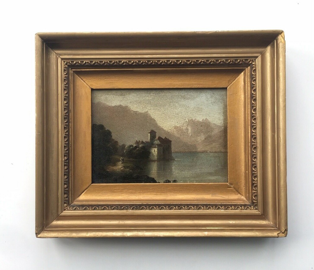 Original Framed Antique Oil Painting Lake Geneva and Chillon Castle Landscape