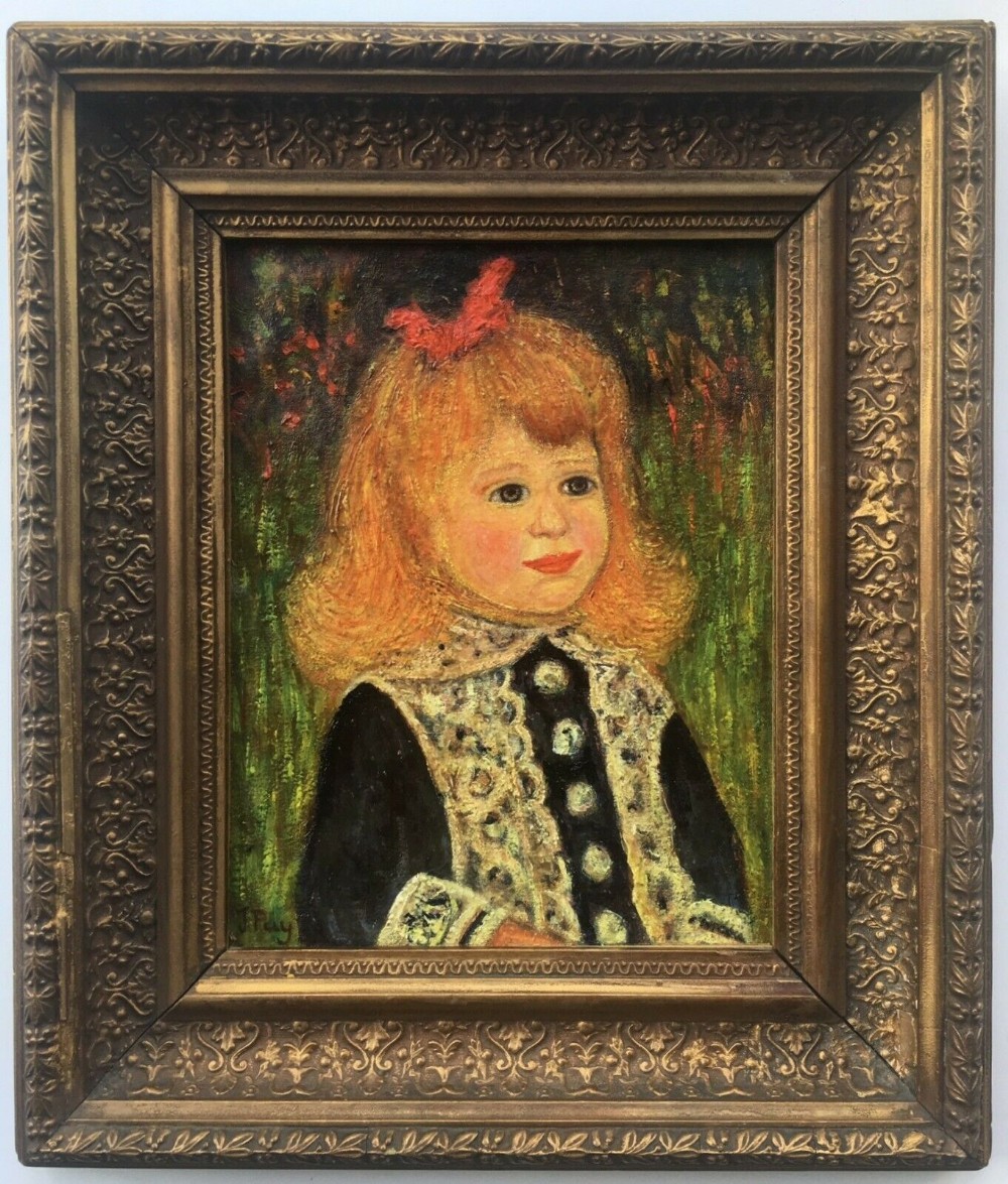 Signed J (JEAN) PUY Original Oil Painting Portrait of Young Girl, After Renoir