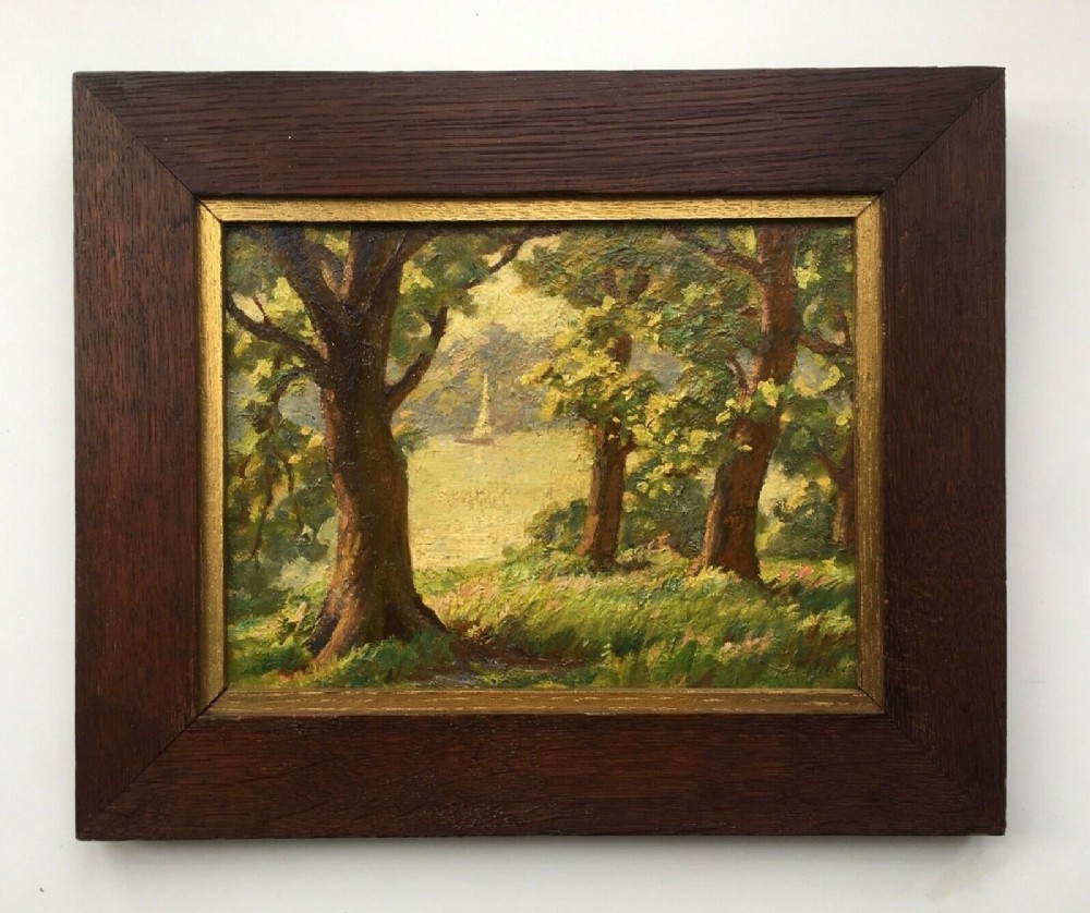 Hubert Lindsay Wellington Initialled Original English 20th Century Oil Painting on Board Trees Lakeside & Boat Landscape